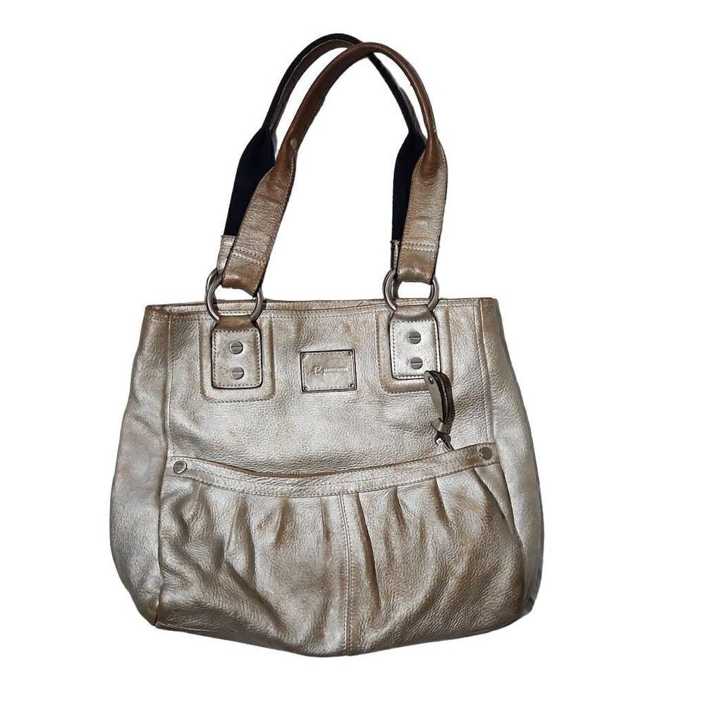 B Makowsky Distressed Metallic Silver Brown Leather Leopard Lined Handbag